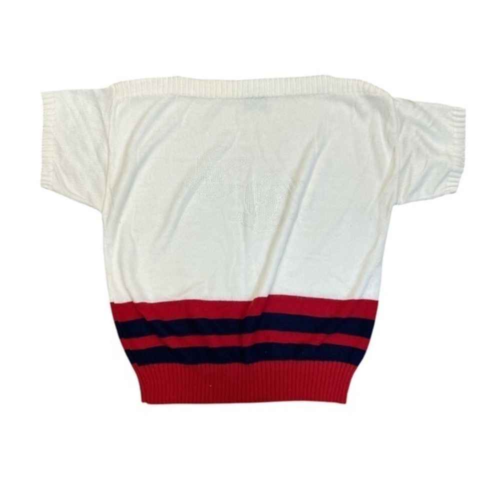 White Short-Sleeve Sweater Top with Red & Navy Stripes